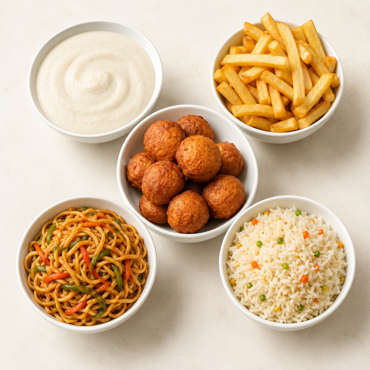 Akara, pap, fries, noodles and rice